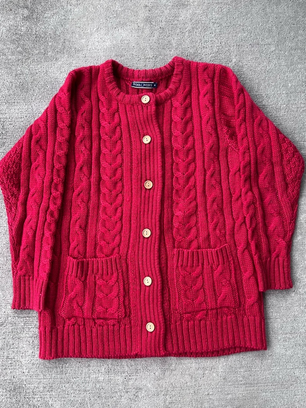 Woolovers chunky knit red cable knit 100% pure wool sweater cardigan top NWOT